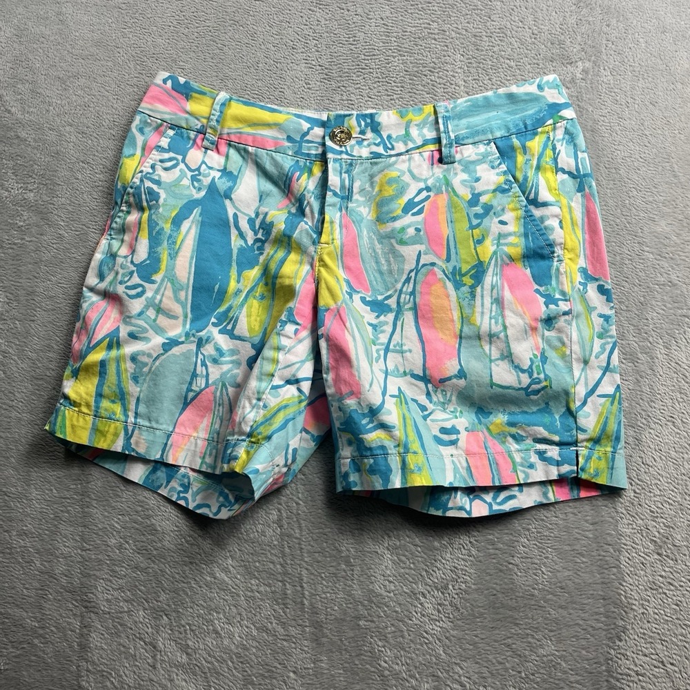 Lilly Pulitzer Jayne 7" Shorts Multi Beach & Bae Blue Pink Aqua Sailboats 2‎